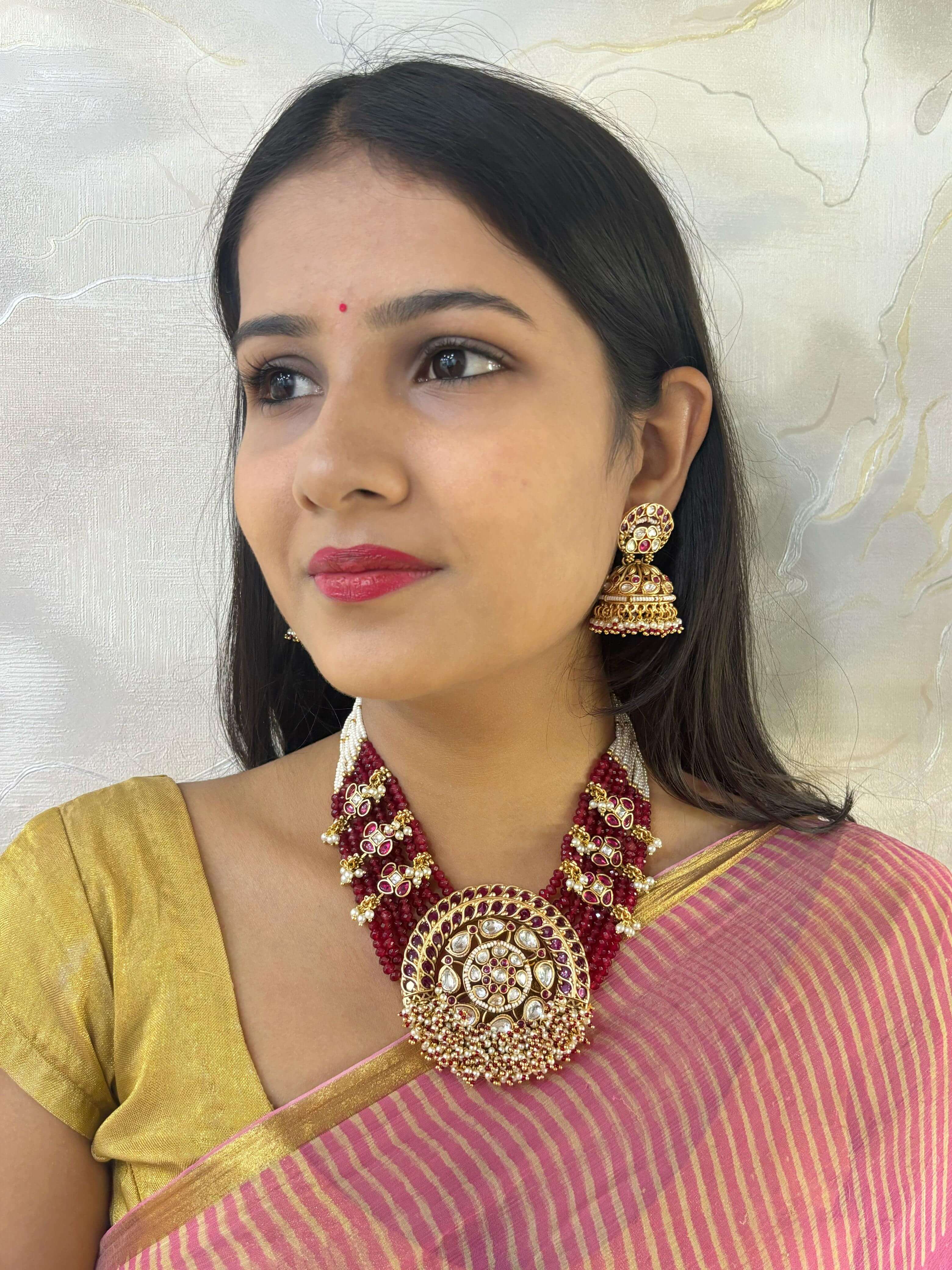 Roshni Designer Gold Plated Short Antique Necklace With Layered Red jade Beads