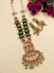Dikshita Long Antique Gold Bridal Necklace Set With Layered Green Beads