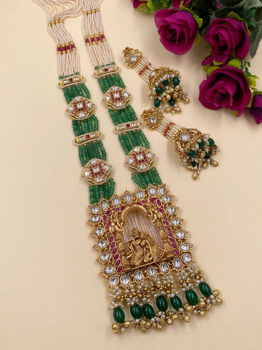 Suhasini Long Antique Golden Radha Krishna Temple Necklace Set With Layered  Green Beads for weddings