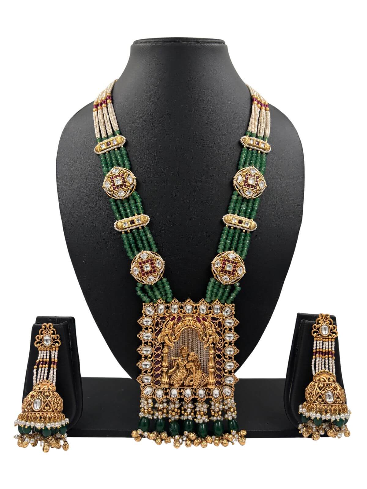 Suhasini Long Antique Golden Radha Krishna Temple Necklace Set With Layered Beads