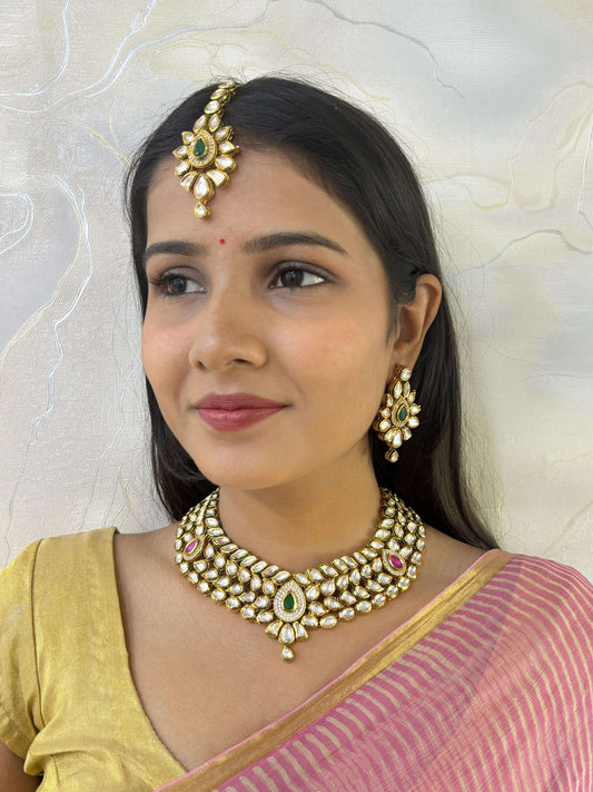 Gold Plated Bridal Kundan Necklace Set With Tikka 