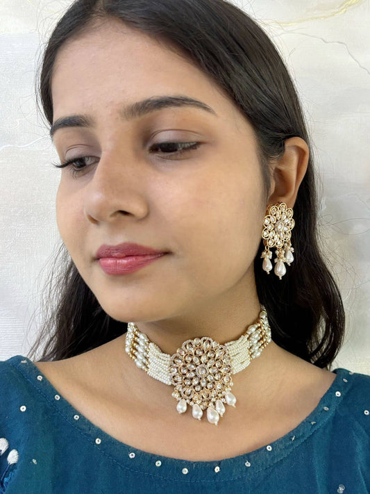 Kanika Designer Polki Choker Necklace Set With Pearls