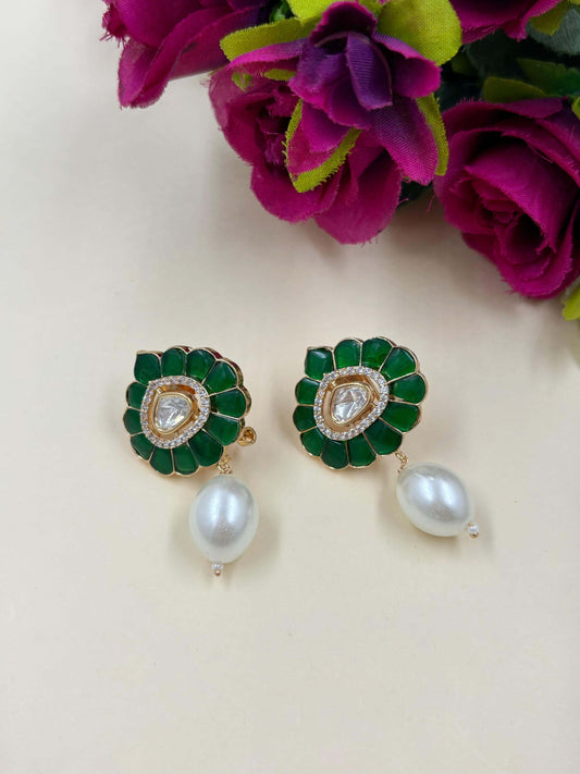Traditional Light Weight Green Polki Stud Earrings for ladies and girls