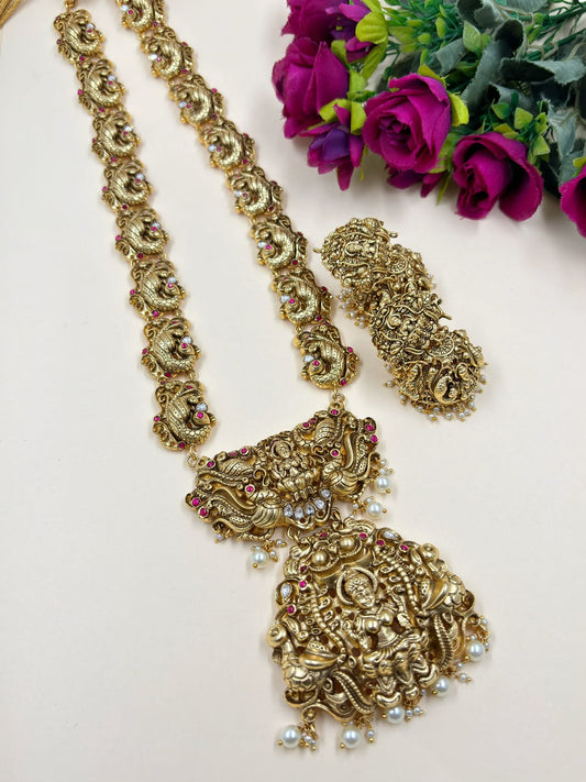Sunanda Gold Plated Antique Long Lakshmi Devi Temple Jewellery Necklace Set | South Indian Jewellery 