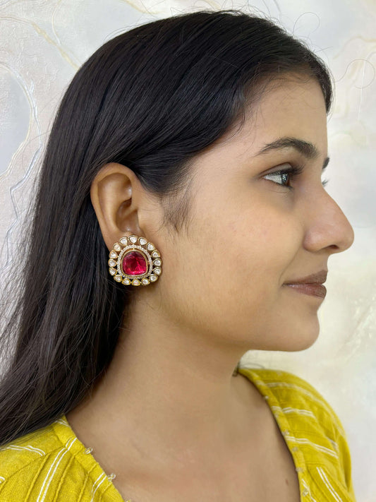Oversized Ad And Red Polki Stud Earrings | Pary Wear Earrings