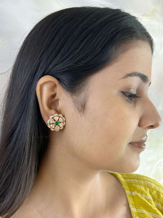 Pratibha Lightweight Flower Design Small Uncut Green  Polki Stud Earrings