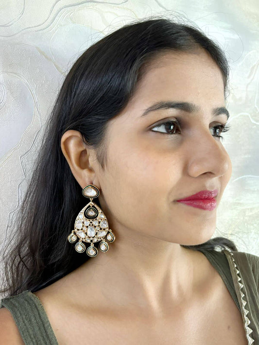 Ajiliya Designer Uncut Polki Chandbali Earrings With Green Meenakari