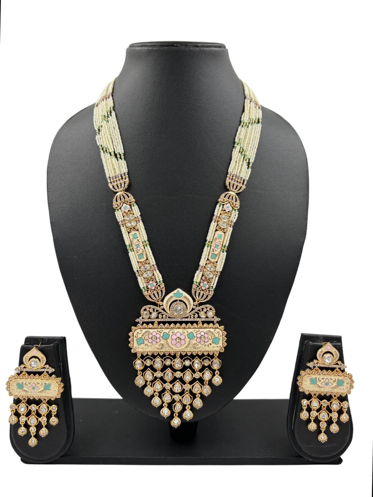 Devi Designer Long Polki Pendant Necklace Set With Pearls And pastel Meenakari handcrafted for weddings and parties