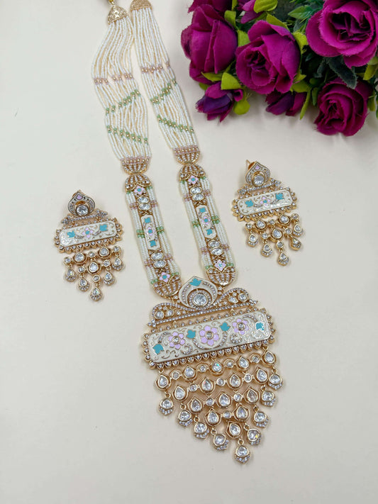 Devi Designer Long Polki Pendant Necklace Set With Pearls And pastel Meenakari handcrafted for weddings and parties