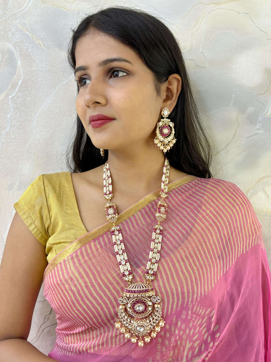 Madhubala Designer Long Pink Wedding Kundan Polki Jewellery Necklace Set