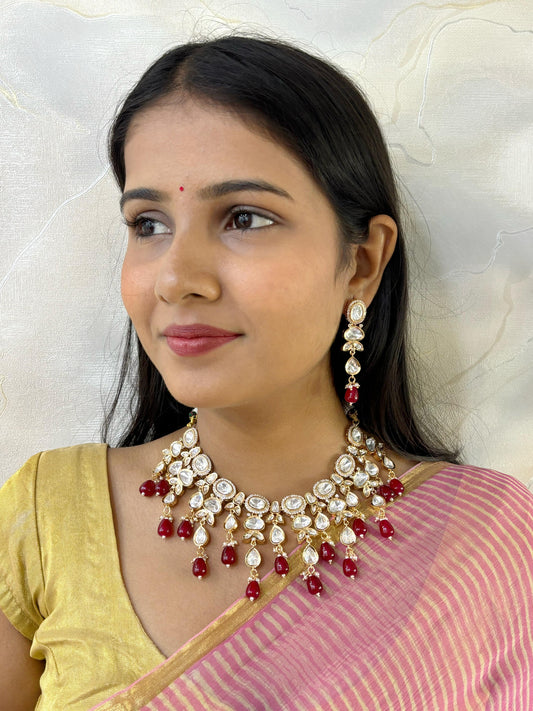 Unique Party Wear Red Polki Necklace With Polki Hangings | Polki Jewellery