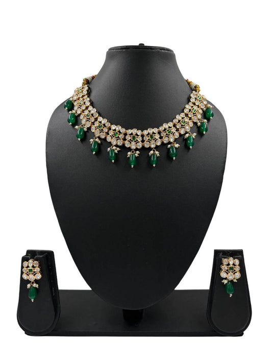 Priyasi Beautiful Short Green Polki Necklace Set handcrafted for Weddings and parties 