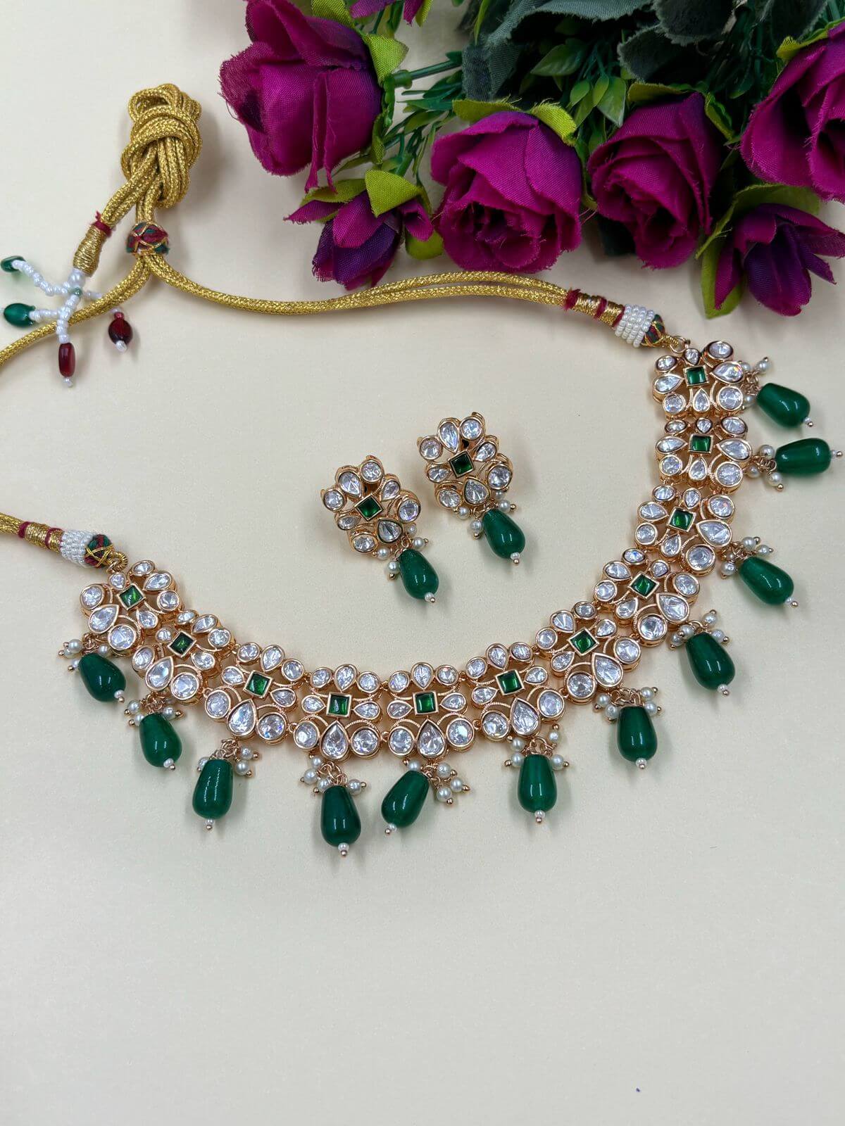 Priyasi Beautiful Short Green Polki Necklace Set handcrafted for Weddings and parties 