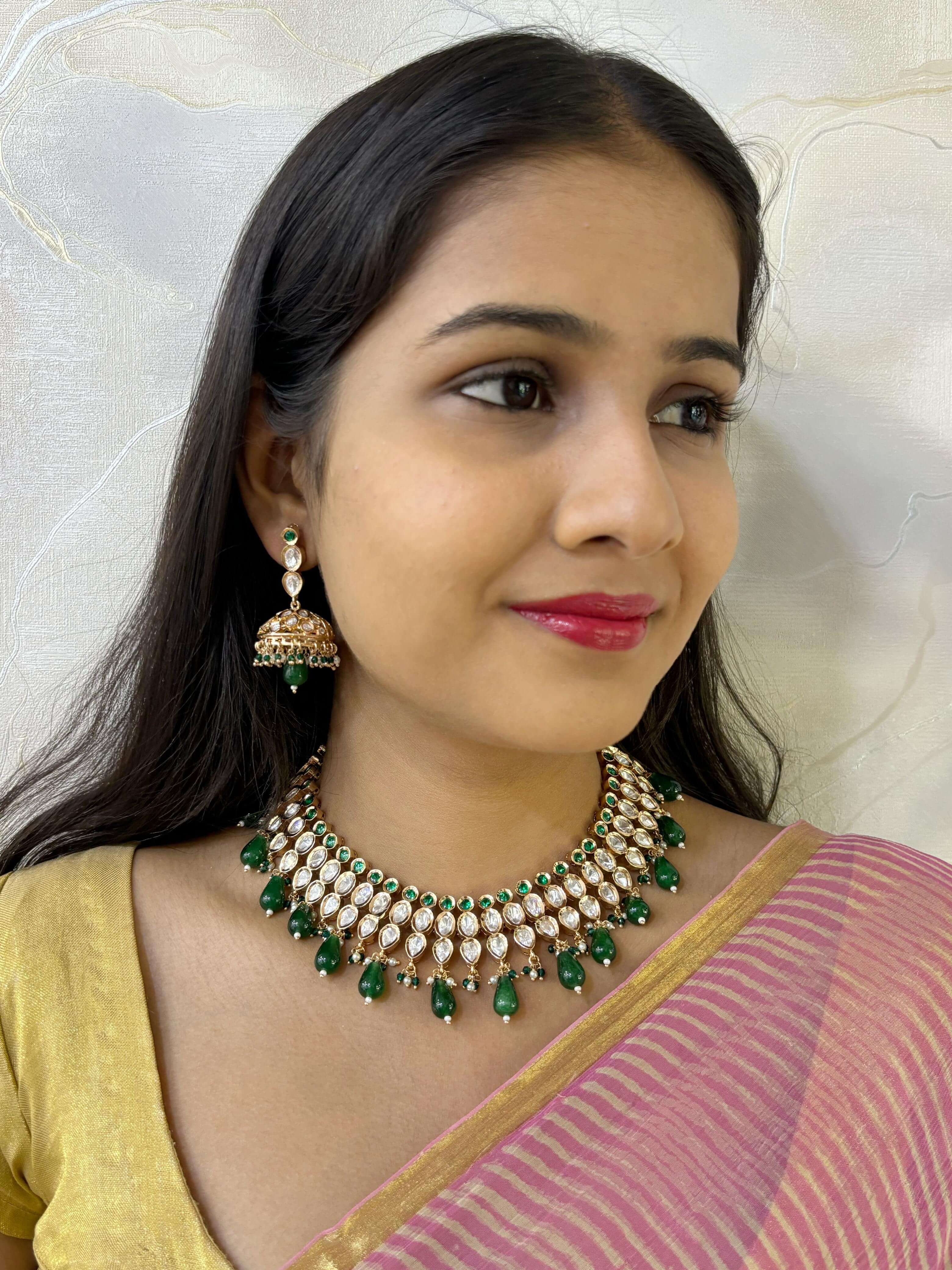 Designer Party Wear Green Polki Necklace Set for weddings and parties online 