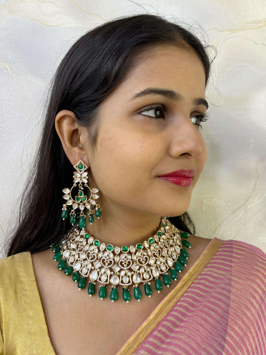 Designer Green Kundan Polki Bridal Necklace Set With Tikka | Green Wedding Jewellery Set