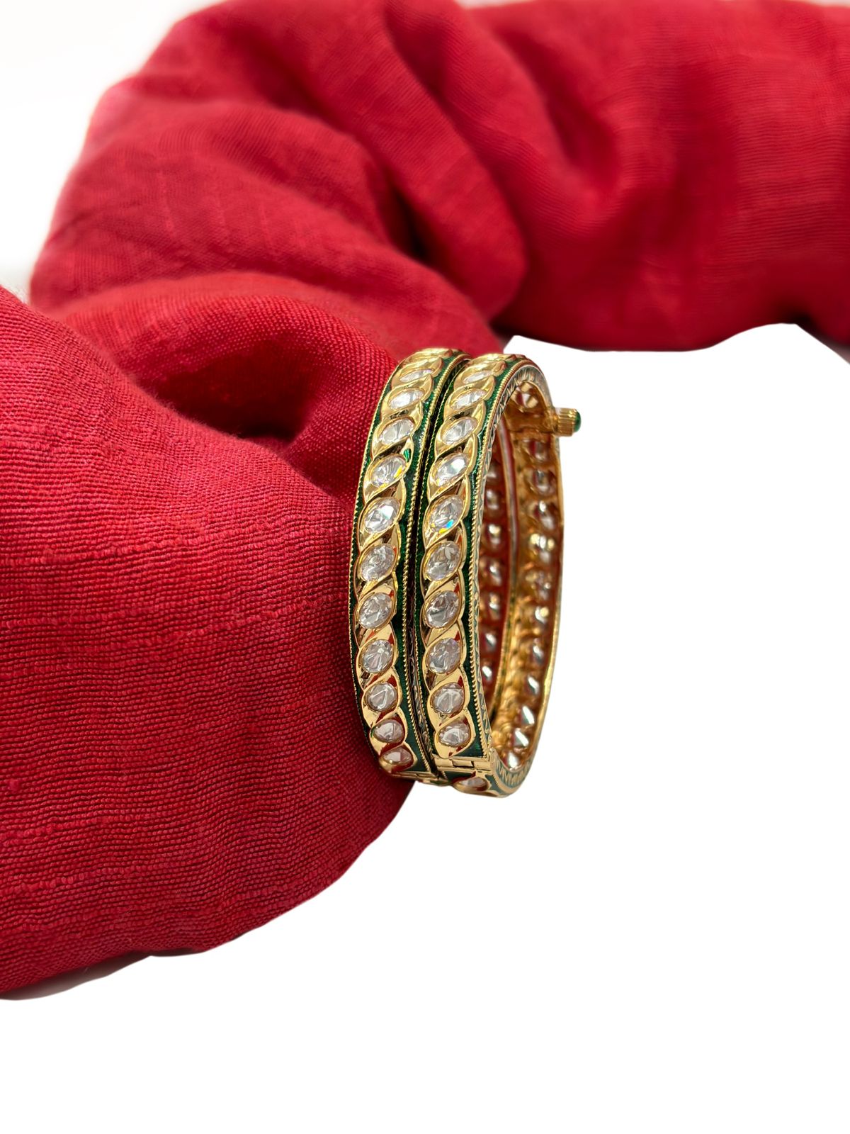 Thin Kundan Polki Bangles With Green Meenakari | Designer Bangles