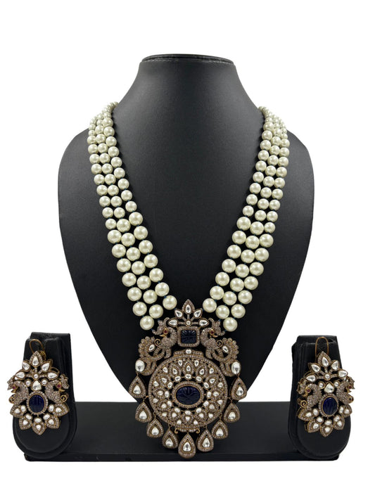Antique Victorian Polki Necklace Set With Layered Pearl Beads handcrafed for weddings and parties online