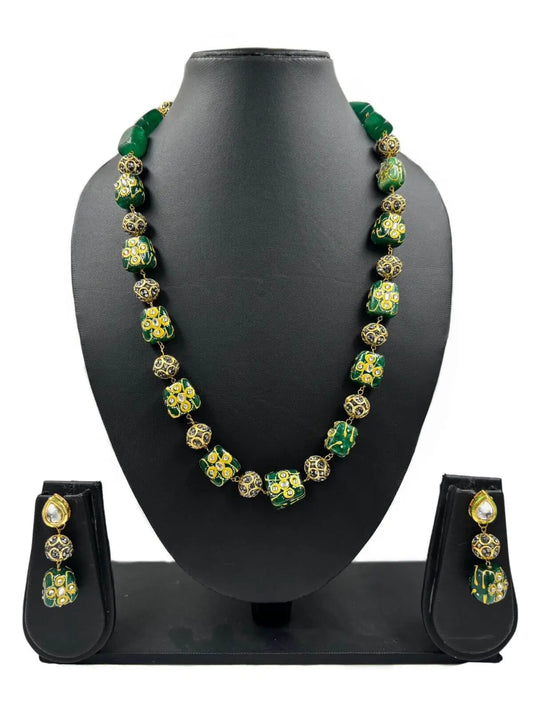 Semi Precious Hand Painted Tanjore Green Beaded Jewellery Set