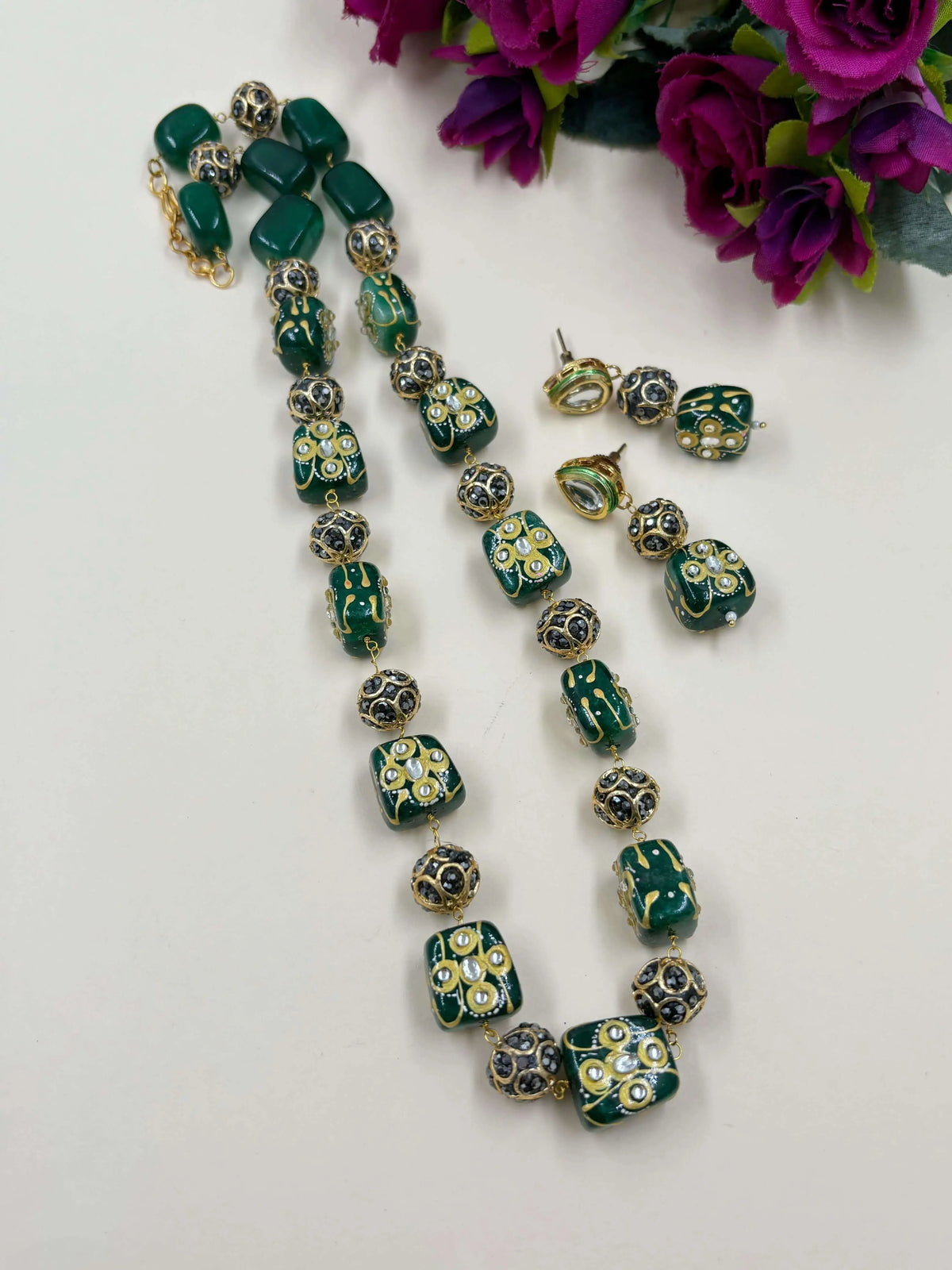 Semi Precious Hand Painted Tanjore green Beaded Jewellery Set