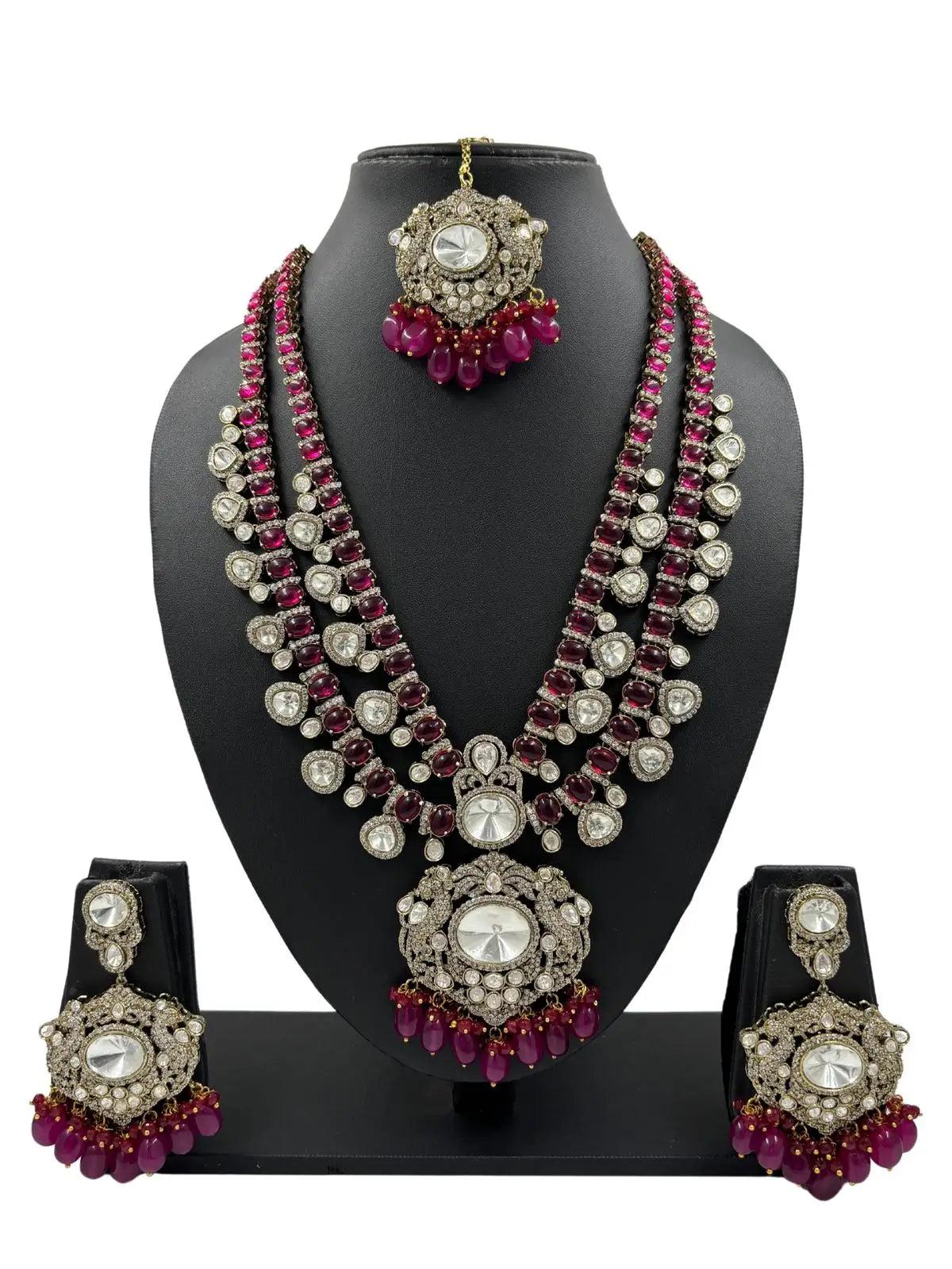 Isha ambani inspired Exquisite Heavy Polki Victorian Jewellery Set for Women in Red color 