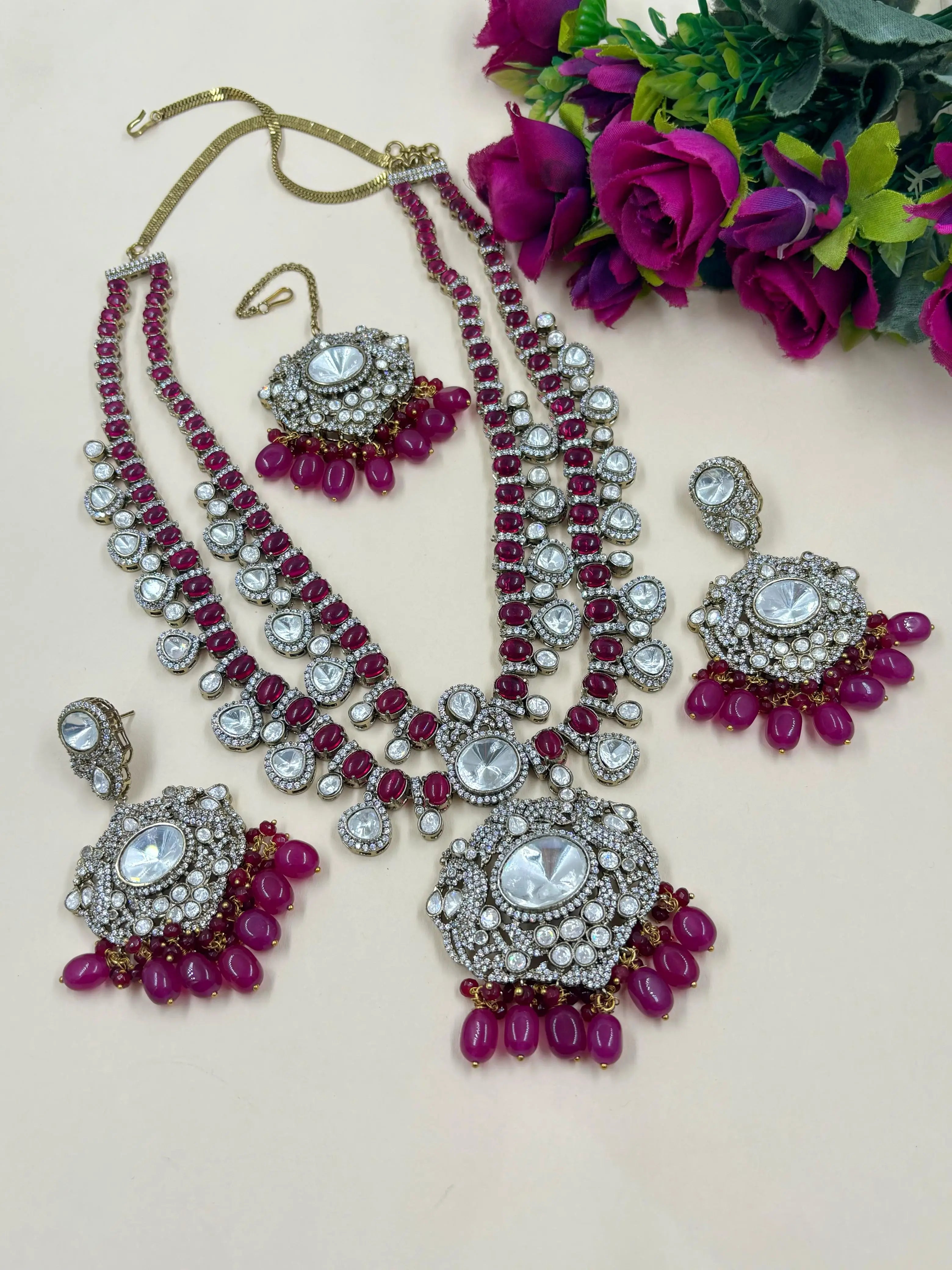 Isha ambani inspired Exquisite Heavy Polki Victorian Jewellery Set for Women in Red color