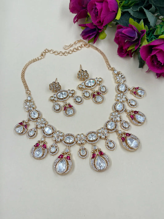 Artificial Wedding Polki Jewellery Necklace For Women in pink color 