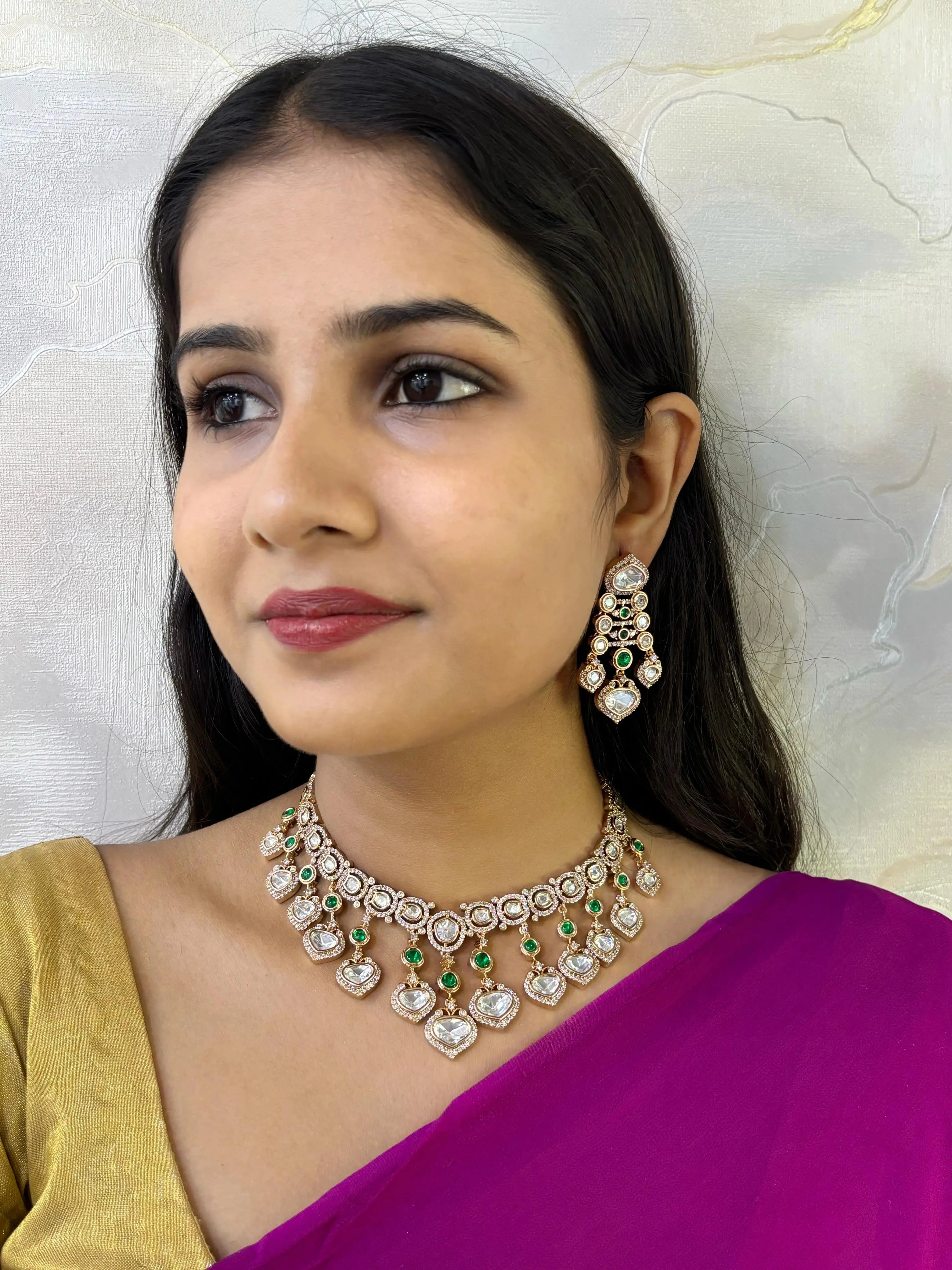 Maansi Elegant Green Polki Drop Necklace Set | Polki Jewellery Online 