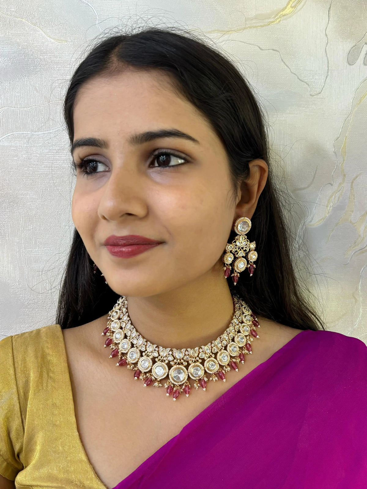 Mitali Rose Gold Polish Exquisite Polki Necklace Set | Latest Wedding Jewellery Online 