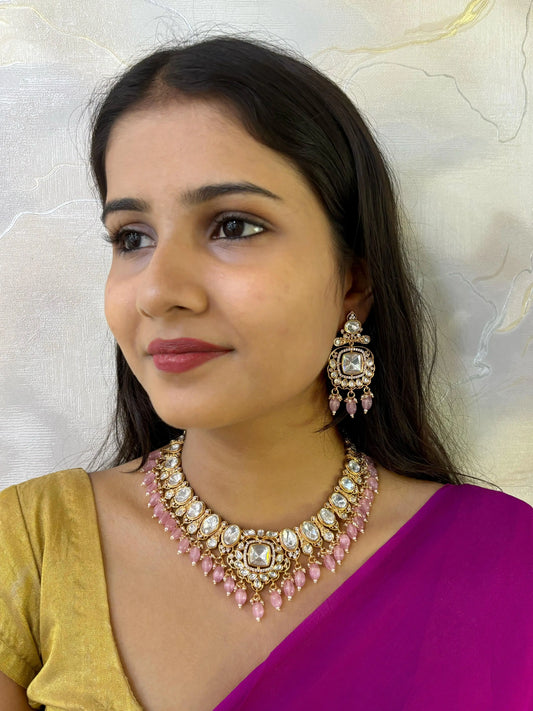 Elegant Party Wear Polki Kundan Necklace Set With Pink drops and maang Tikka For Women online