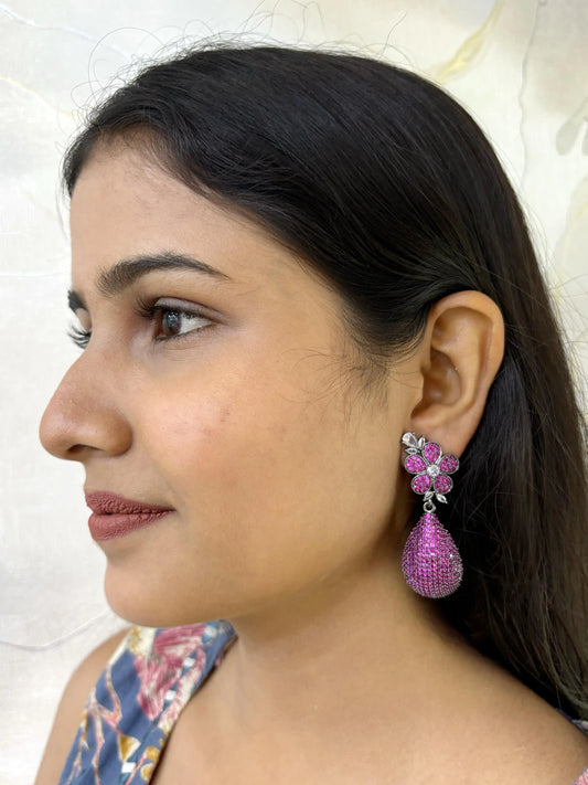 Contemporary Flower Design Zircon Dangler Earrings For Women in ruby color handcrafted for indian and western wear