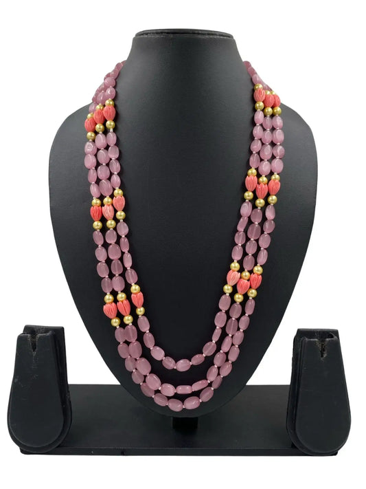 Triple Layered Pink Monalisa Beads Necklace With Tulip Flowers