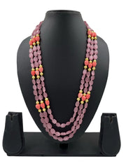 Triple Layered Pink Monalisa Beads Necklace With Tulip Flowers