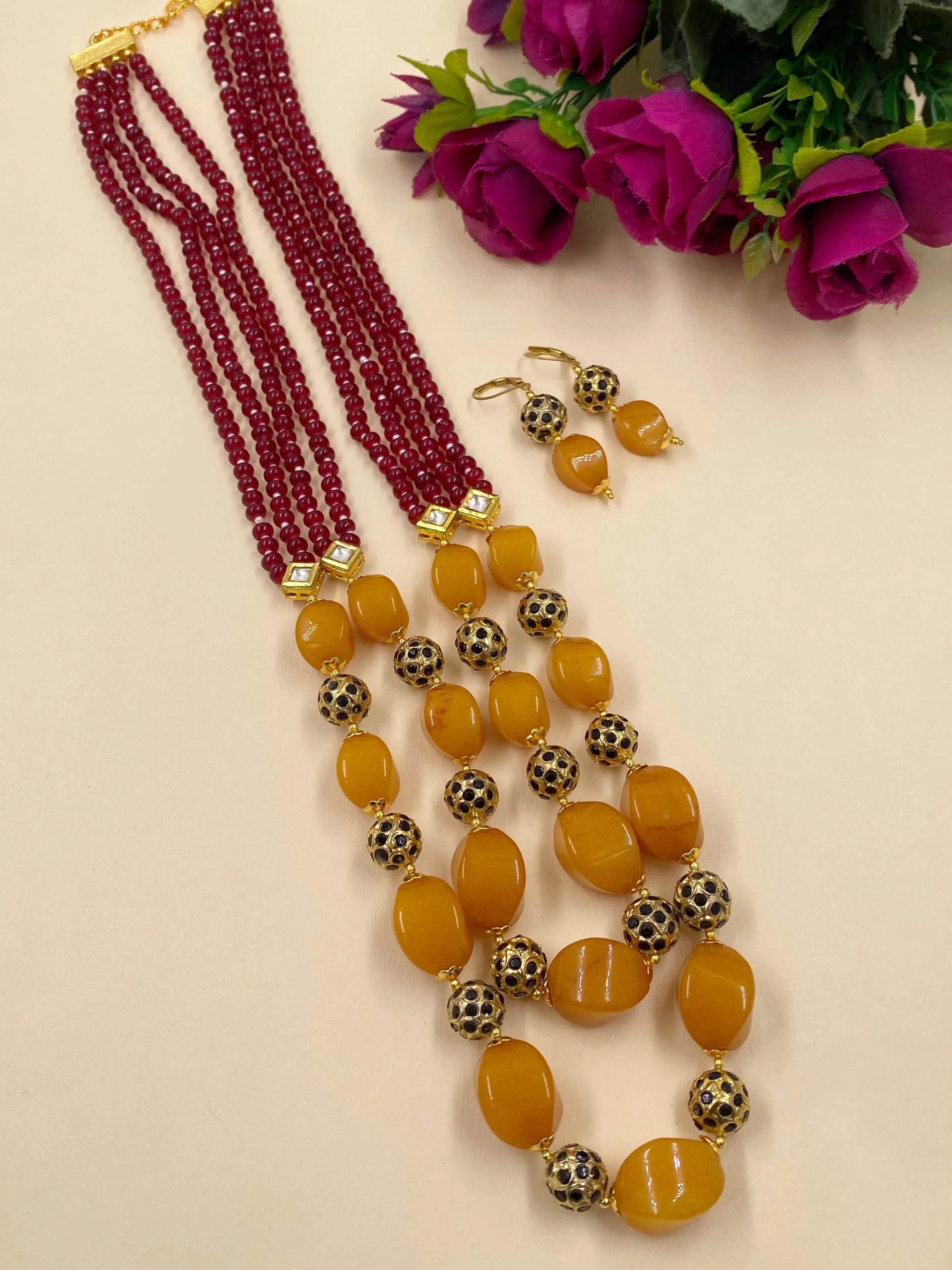 Designer Handcrafted Long Semi Precious Yellow Beads Necklace | Beaded Jewellery 