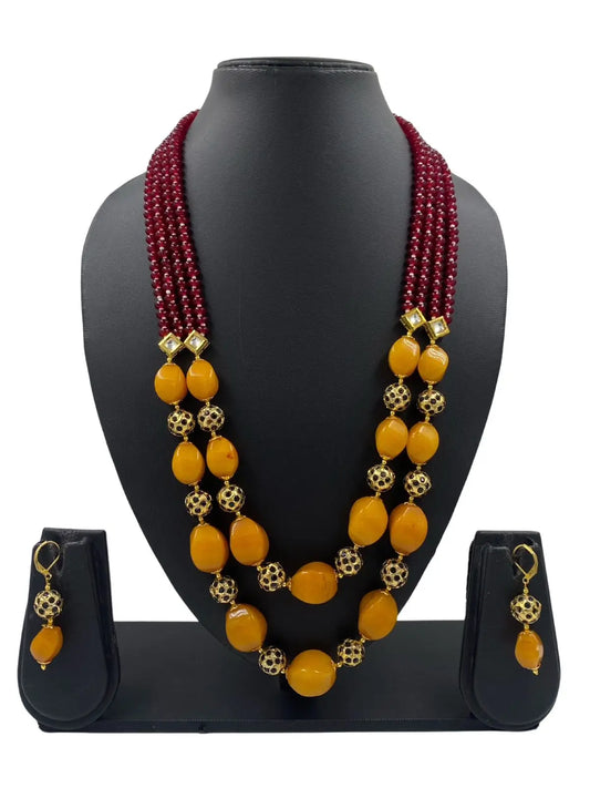 Designer Handcrafted Long Semi Precious Yellow Beads Necklace | Beaded Jewellery 