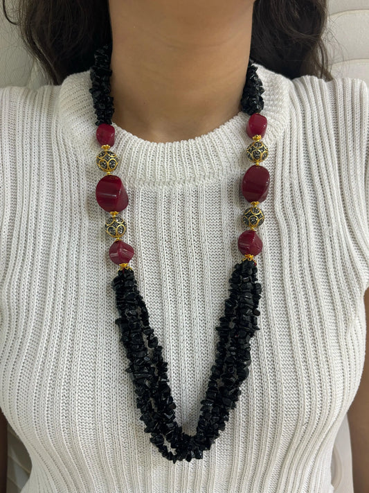 Designer Semi Precious Multi Layer Long Black Onyx Uncut Beaded Necklace Set online for women