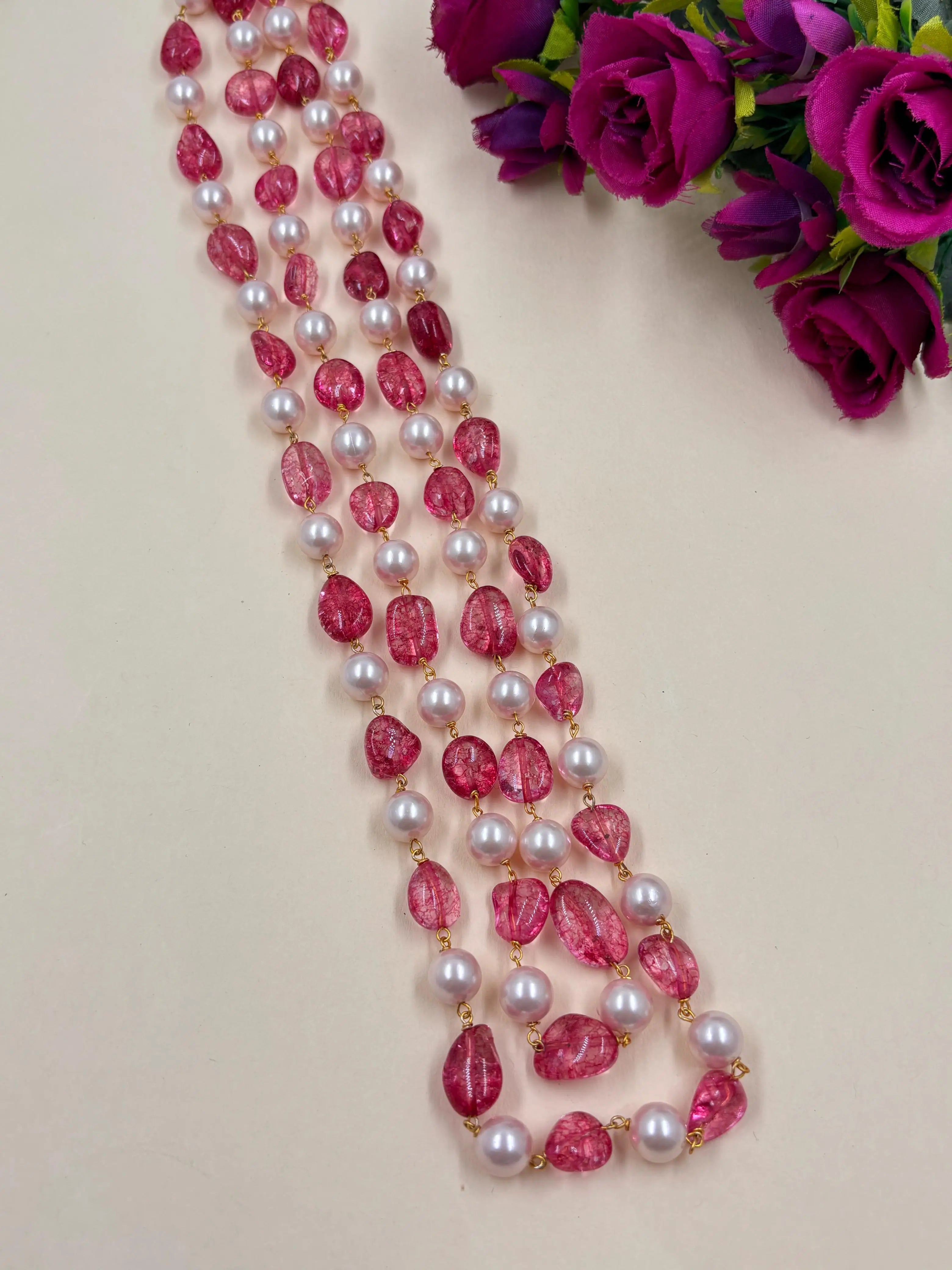 Semi Precious Double Layer Long Pink Tourmaline Beaded Necklace