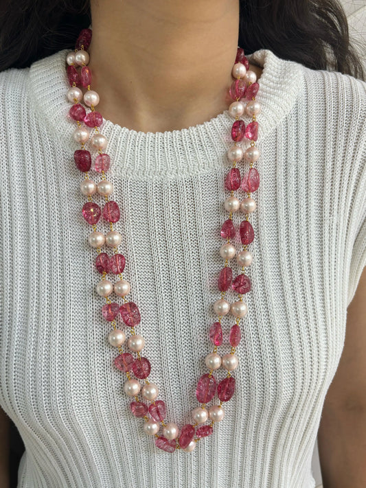 Semi Precious Double Layer Long Pink Tourmaline Beaded Necklace