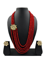 Semi Precious Bright Orange Beads And Kundan Side Brooch Necklace Set For Women