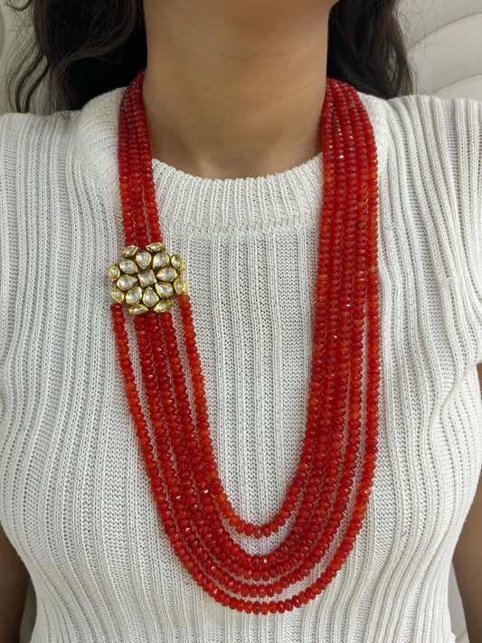 Semi Precious Bright Orange Beads And Kundan Side Brooch Necklace Set For Women Online