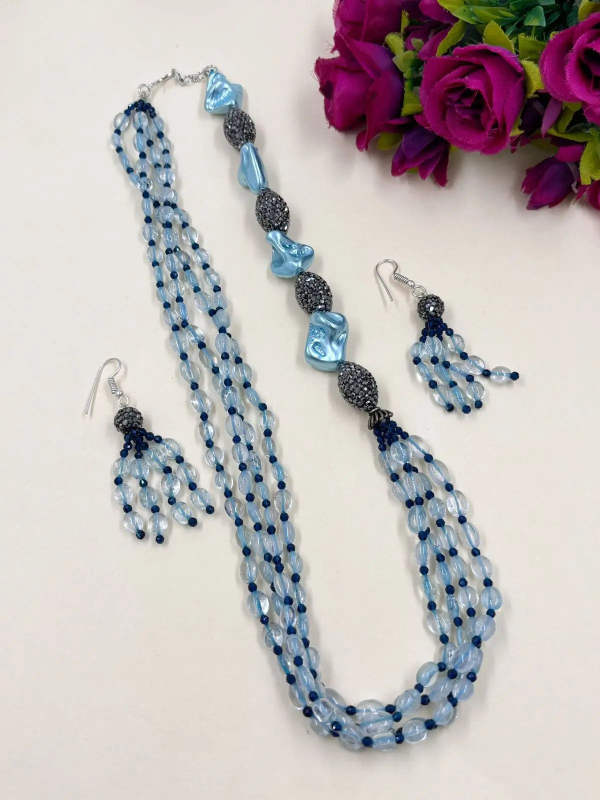 Designer Multi Layered Blue Beaded Jewellery Necklace Set  online for women 