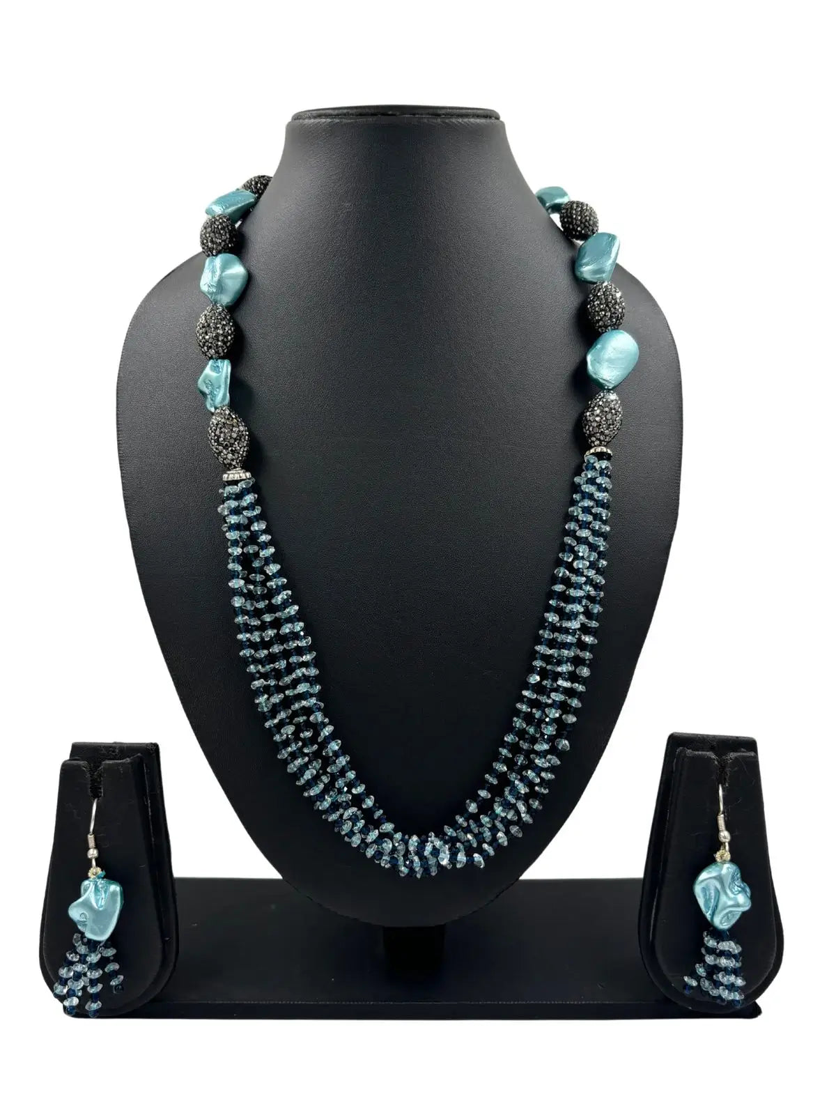 Designer Long Semi Precious Gemstone Blue Topaz Beaded Jewellery Necklace Set