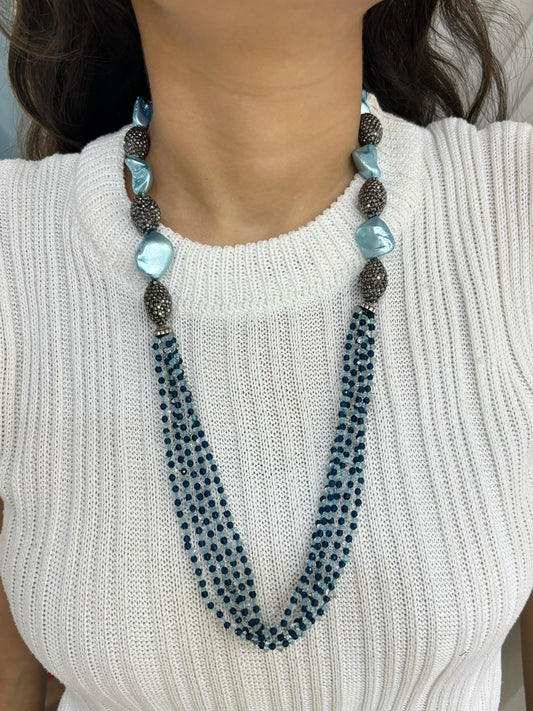 Designer Long Semi Precious Gemstone Blue Topaz Beaded Jewellery Necklace Set