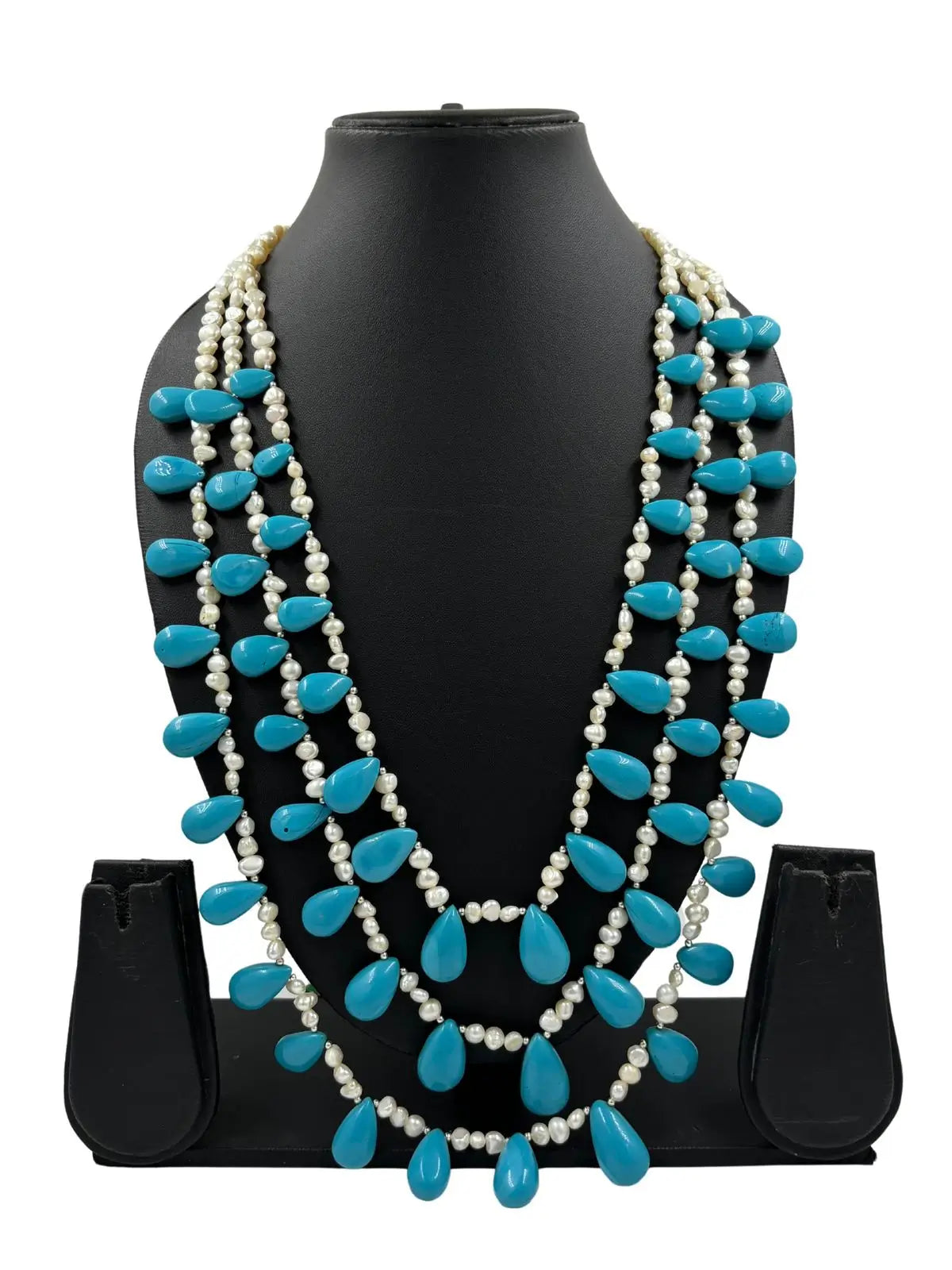 Designer Long Layered Real Pearl And Turquoise Drops Beaded Necklace