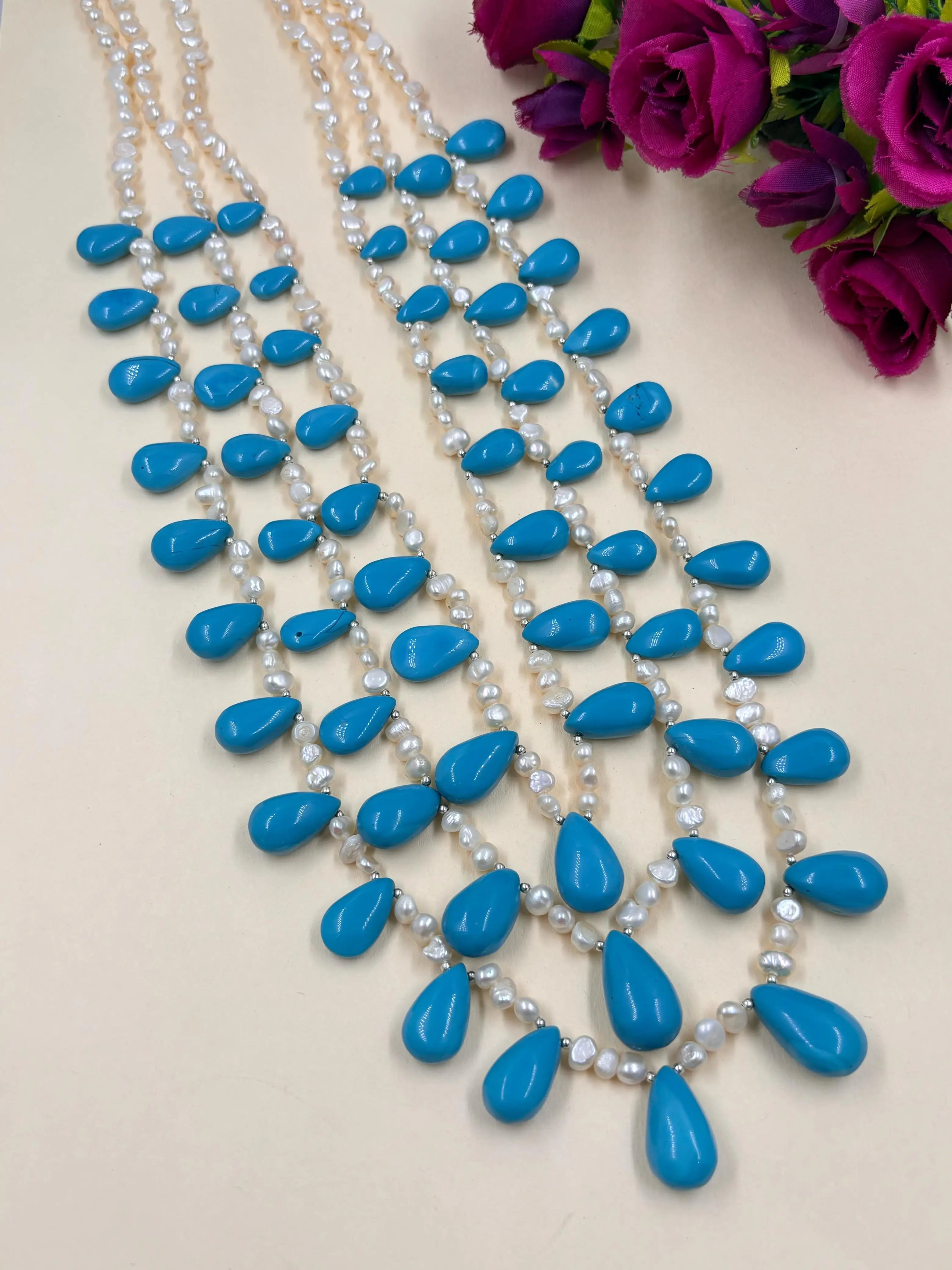 Designer Long Layered Real Pearl And Turquoise Drops Beaded Necklace