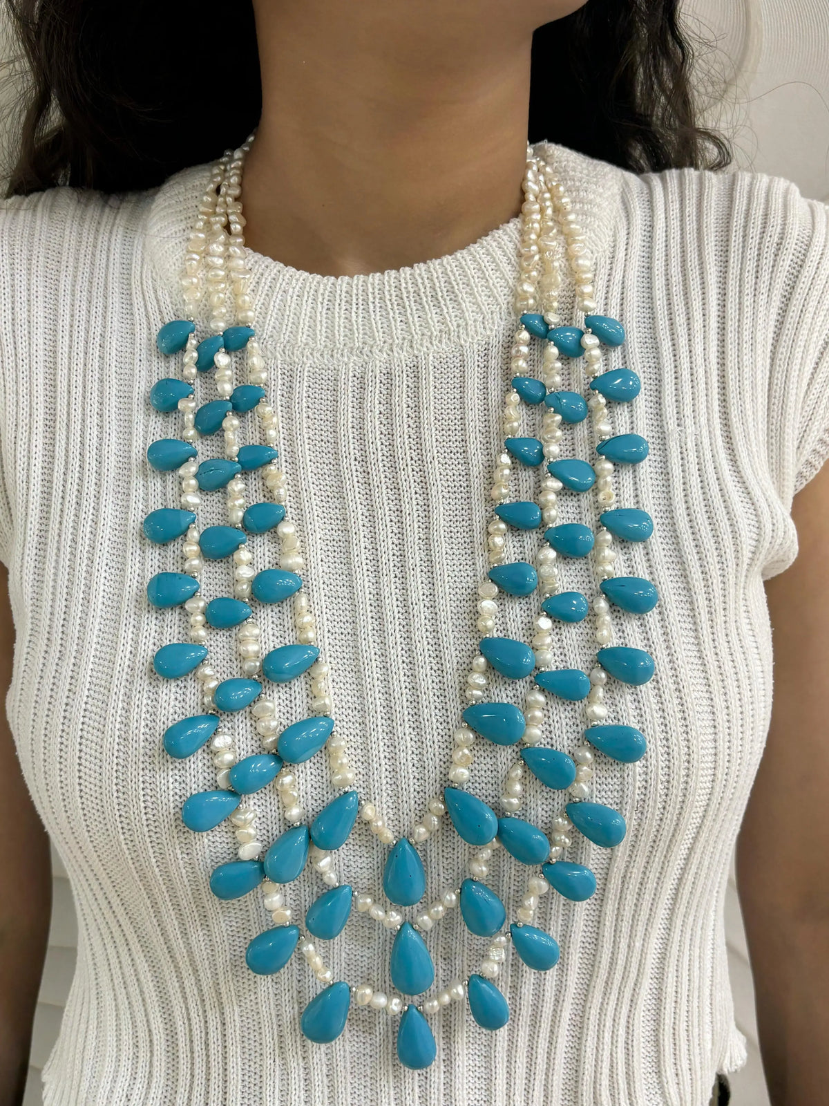 Designer Long Layered Real Pearl And Turquoise Drops Beaded Necklace