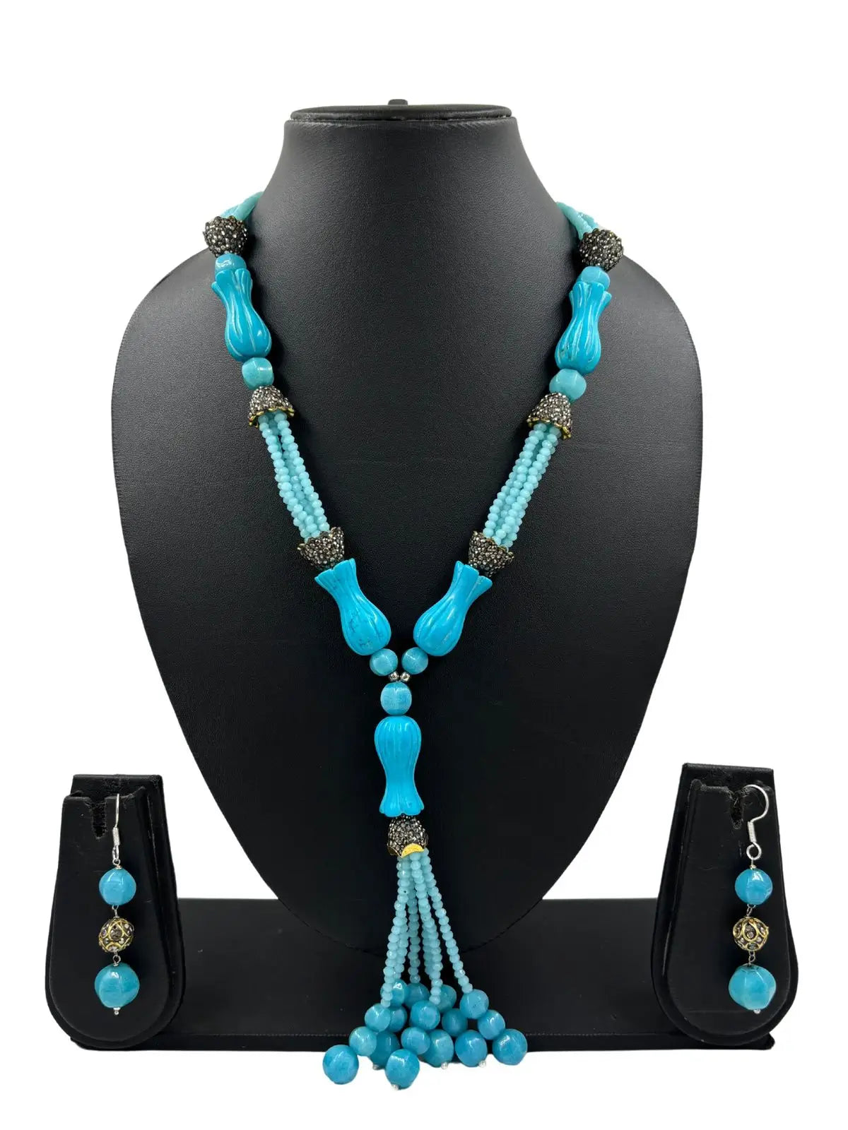 Designer Long Sky Blue Turquoise Beaded Jewellery Necklace Set with tassels  For Women online 