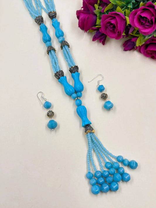 Designer Long Sky Blue Turquoise Beaded Jewellery Necklace Set with tassels  For Women online 