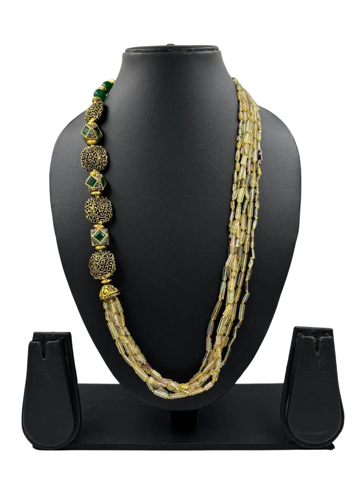 Semi Precious Long Layered Fluoride Gemstone Beaded Jewellery Set online handcrafted for sarees and traditional attire.