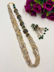 Semi Precious Long Layered Fluoride Gemstone Beaded Jewellery Set online handcrafted for sarees and traditional attire.