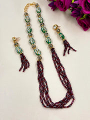 Elegant Green Tanjore And Garnet Gemstone Beaded Necklace Set For Women